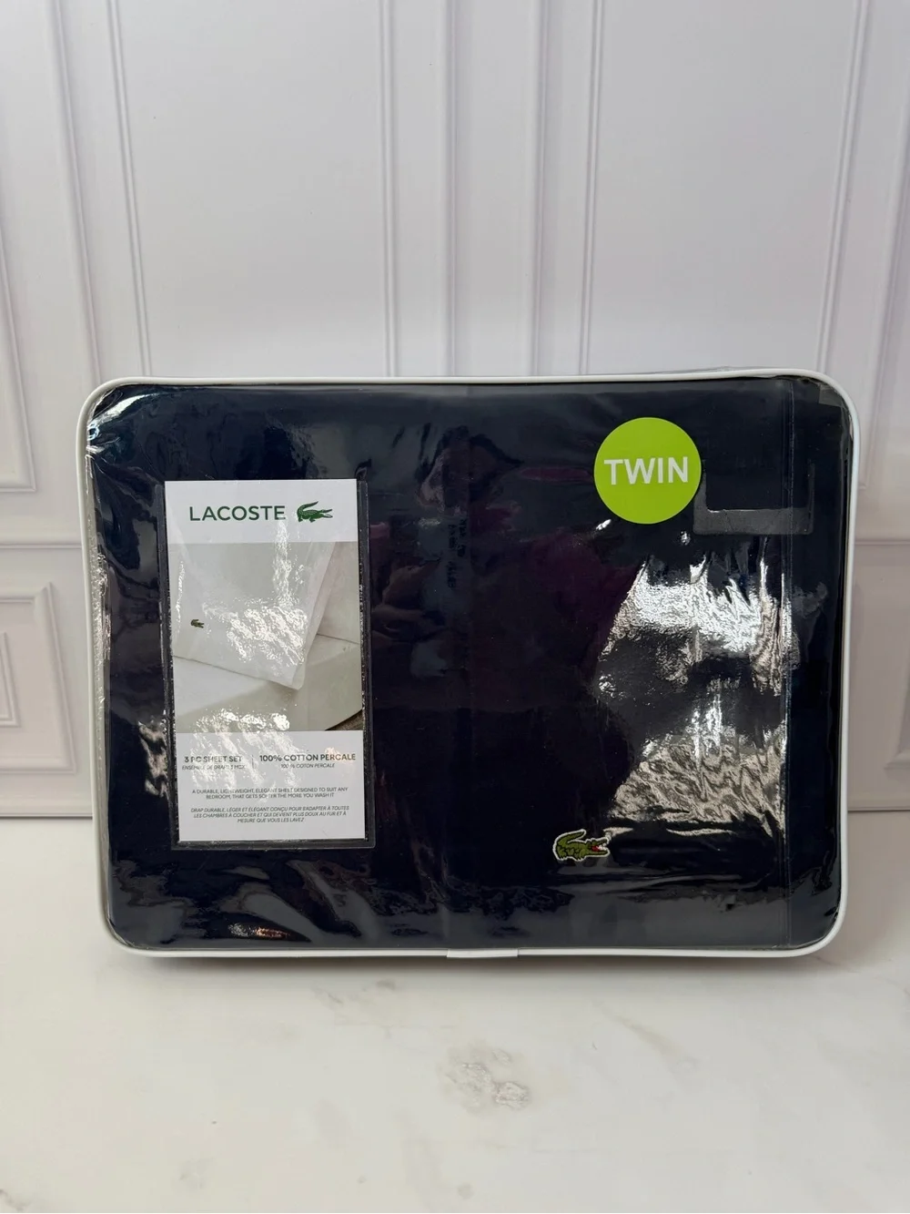Lacoste Twin Sheet Set 3 Piece 100% Cotton Percale Medieval Blue Crocodile